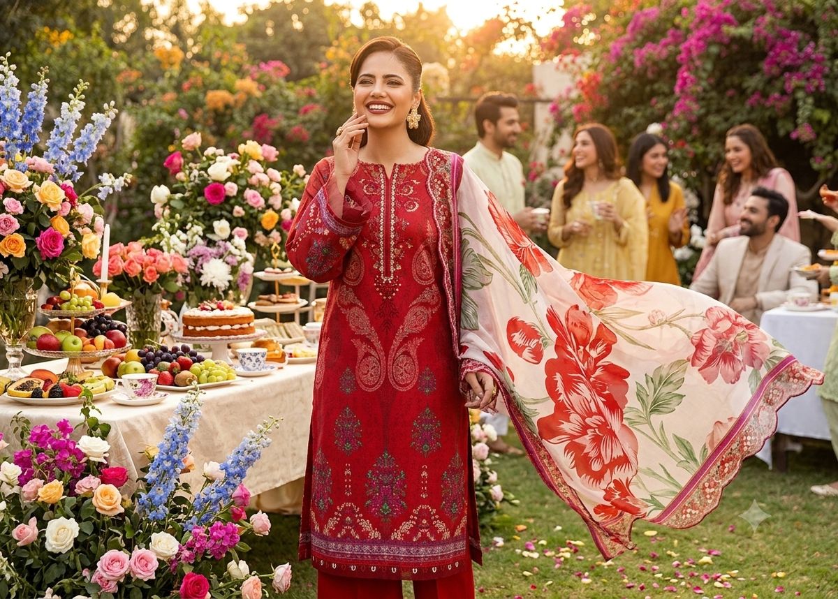 Model in a crimson red embroidered suit at an outdoor garden party with a dessert table