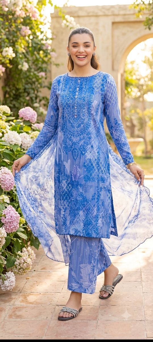 Model laughing in a periwinkle blue floral suit beside pink hydrangeas