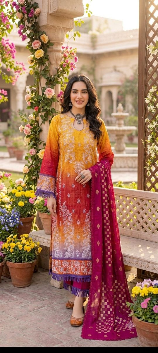 Model in a yellow-to-magenta ombre suit beside a stone fountain
